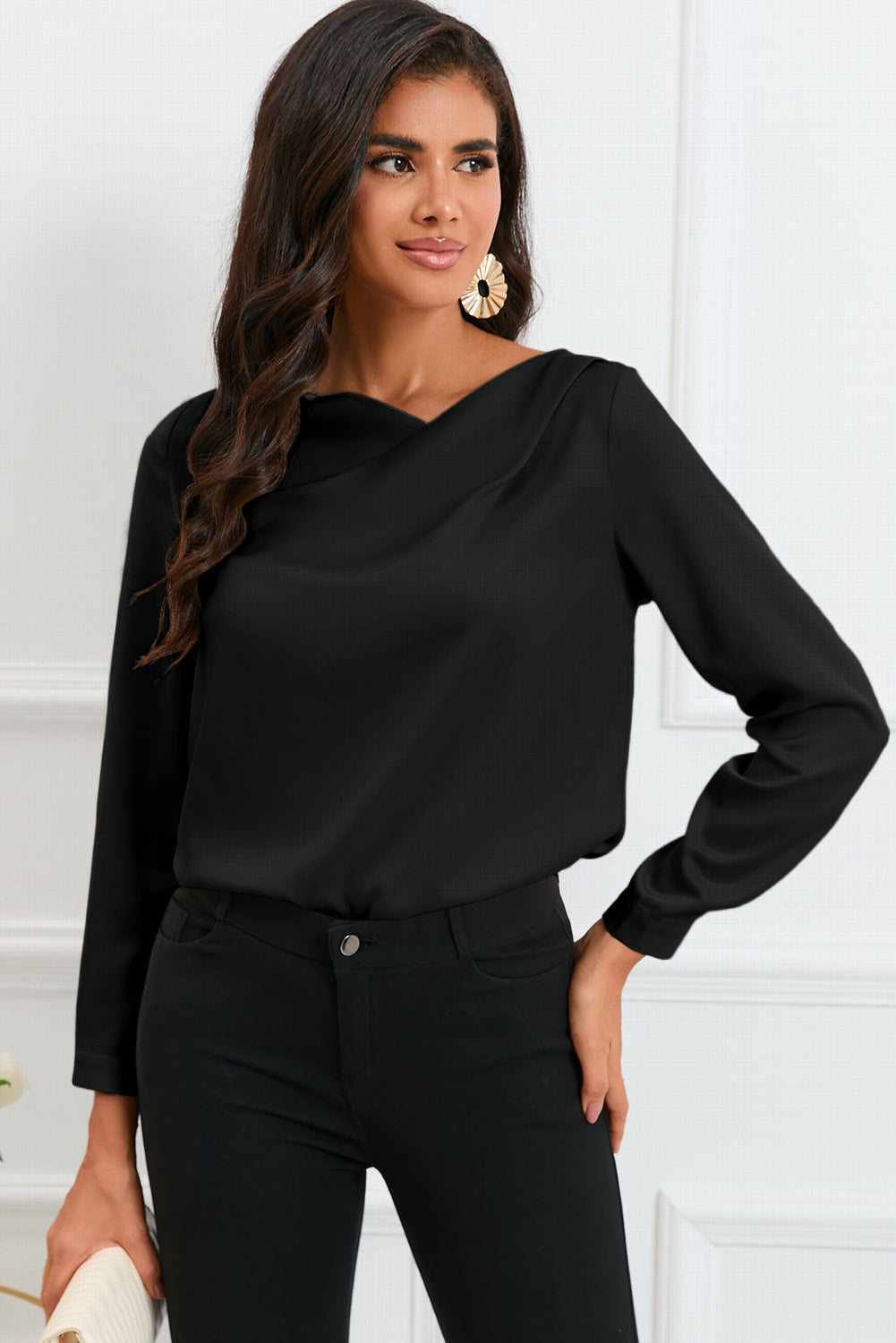 Apricot Solid Asymmetric V Neck Long Sleeve Satin Blouse - LA Grand