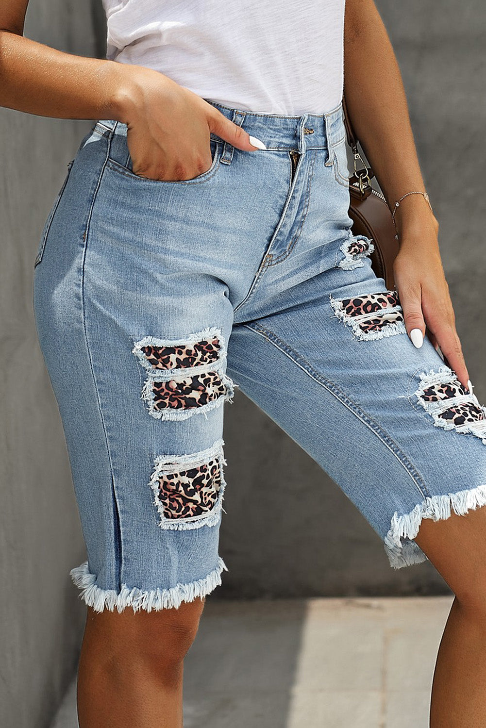 Mid-rise Ripped Leopard Patches Denim Bermuda Shorts - LA Grand