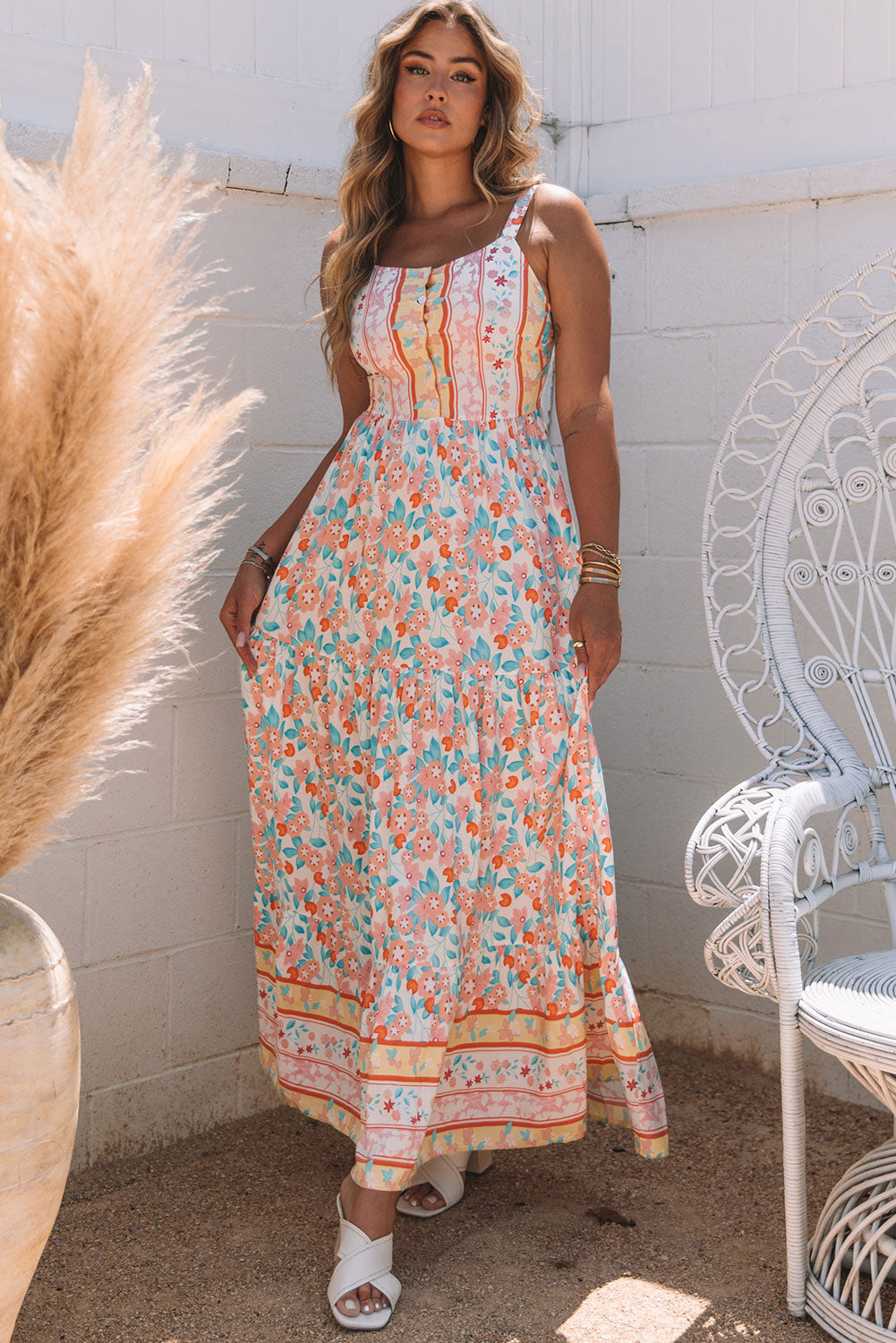 Orange Boho Floral Print Sleeveless Tiered Maxi Dress - LA Grand