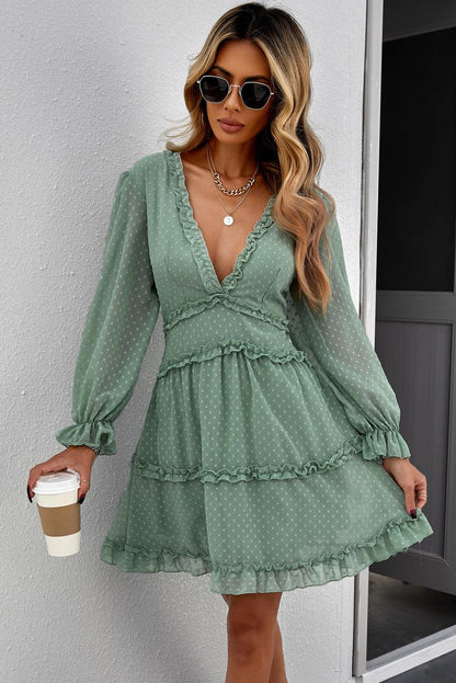 Enchanting Emerald Ruffle Fantasy Open-Back Mini Dress - LA Grand