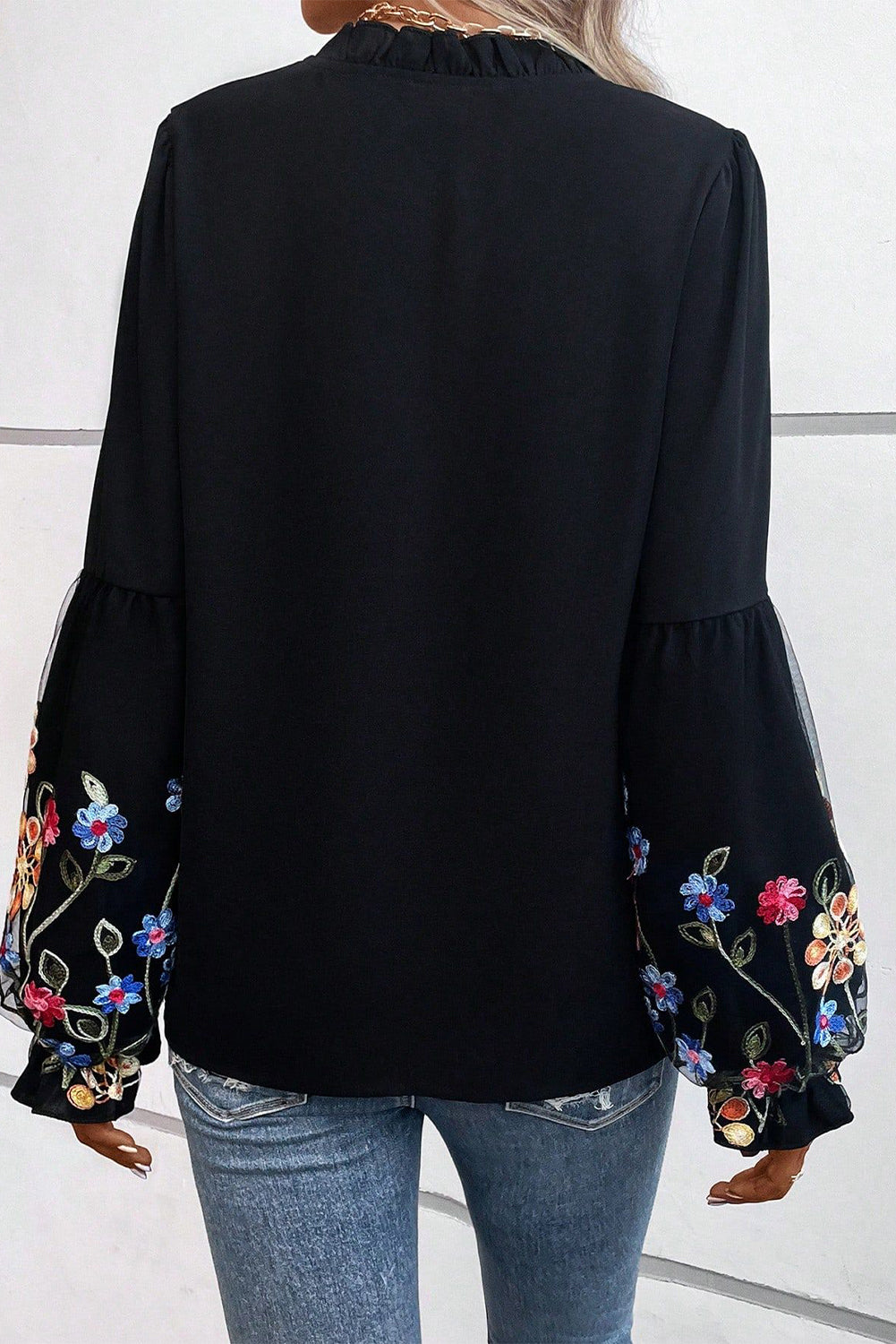 Black Floral Patched Flounce Sleeve Split Neck Blouse - LA Grand