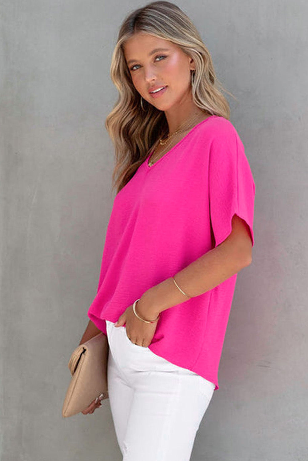 Pink Solid V Neck Short Sleeve Blouse - LA Grand