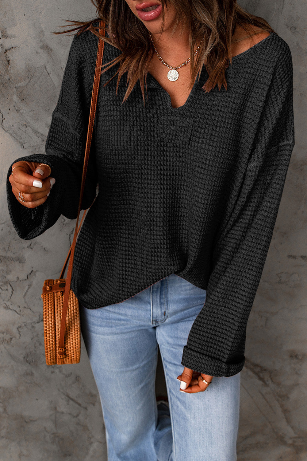 Dusk Blue Waffle Knit Loose Long Sleeve Top - LA Grand