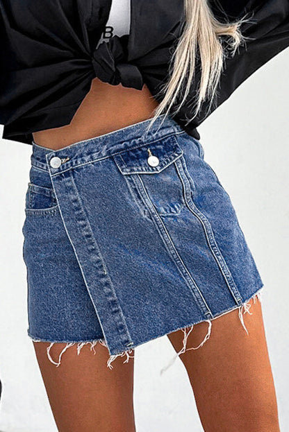 Sky Blue Button Wrap Over Raw Hem Denim Shorts - LA Grand