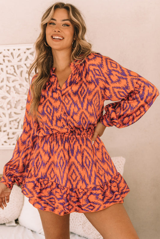 Orange Aztec Bubble Sleeve High Waist Romper - LA Grand