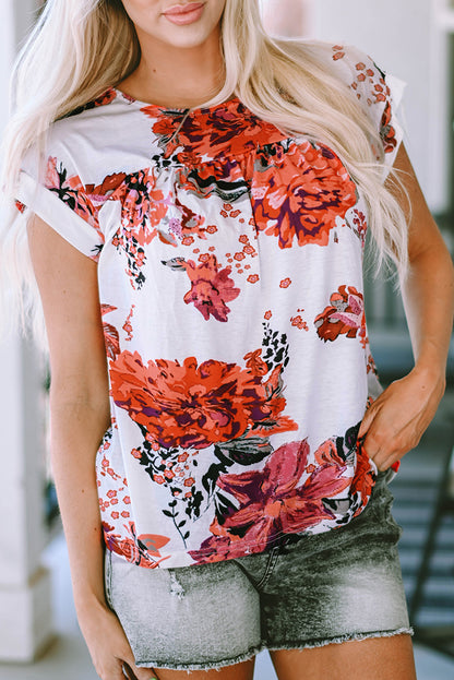 Fiery Red Floral Short Sleeve Round Neck Blouse - LA Grand