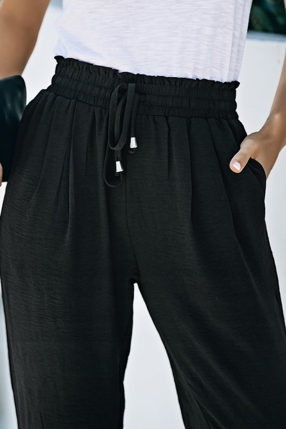 Black Solid Color Drawstring Smocked Waist Joggers - LA Grand