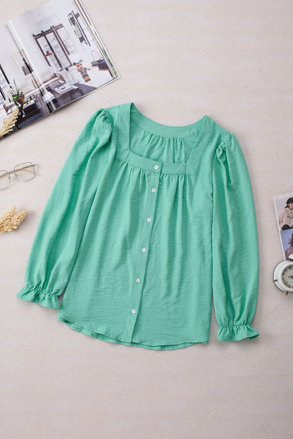 Green Flounce Sleeve Square Neck Button-Up Shirt - LA Grand