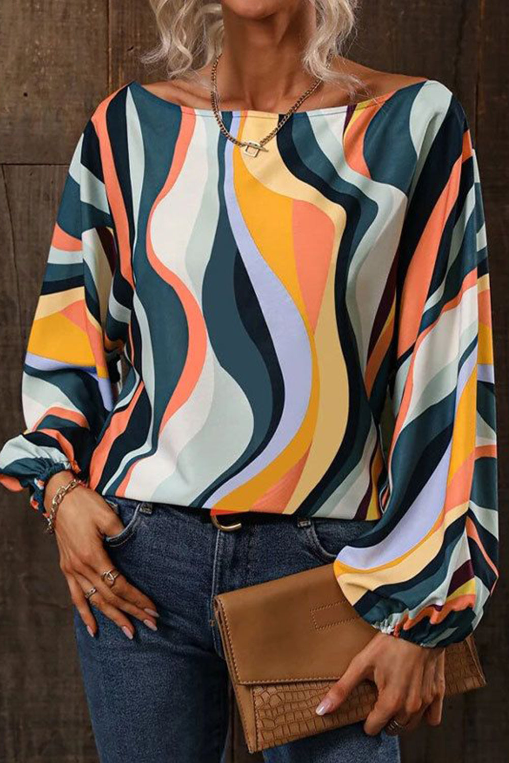 Multicolor Wavy Striped Boat Neck Puff Sleeve Blouse - LA Grand