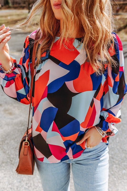 Abstract Pattern Crewneck Ruffled Puff Sleeve Blouse - LA Grand