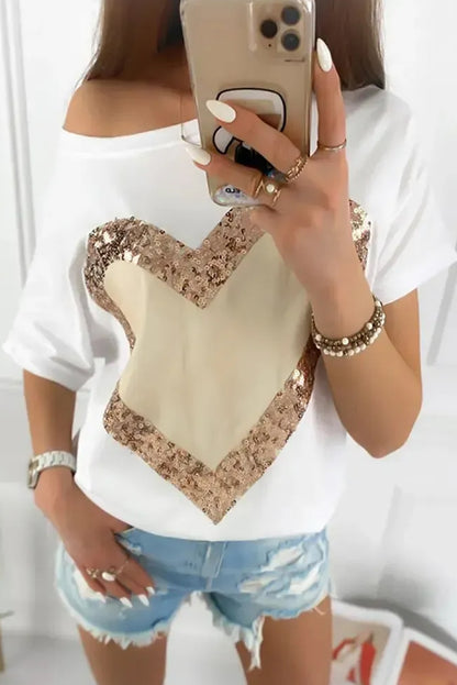 White Valentine's Day Sequined Heart Crew Neck Short Sleeve Top - LA Grand