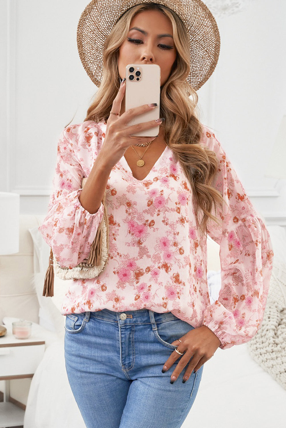 White Floral Print V Neck Long Puff Sleeve Top - LA Grand