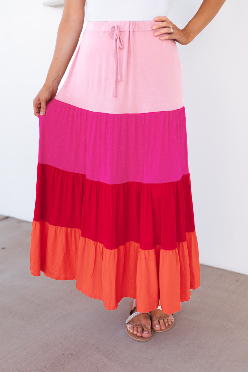 Pink Color Block Tiered Drawstring High Waist Maxi Skirt - LA Grand