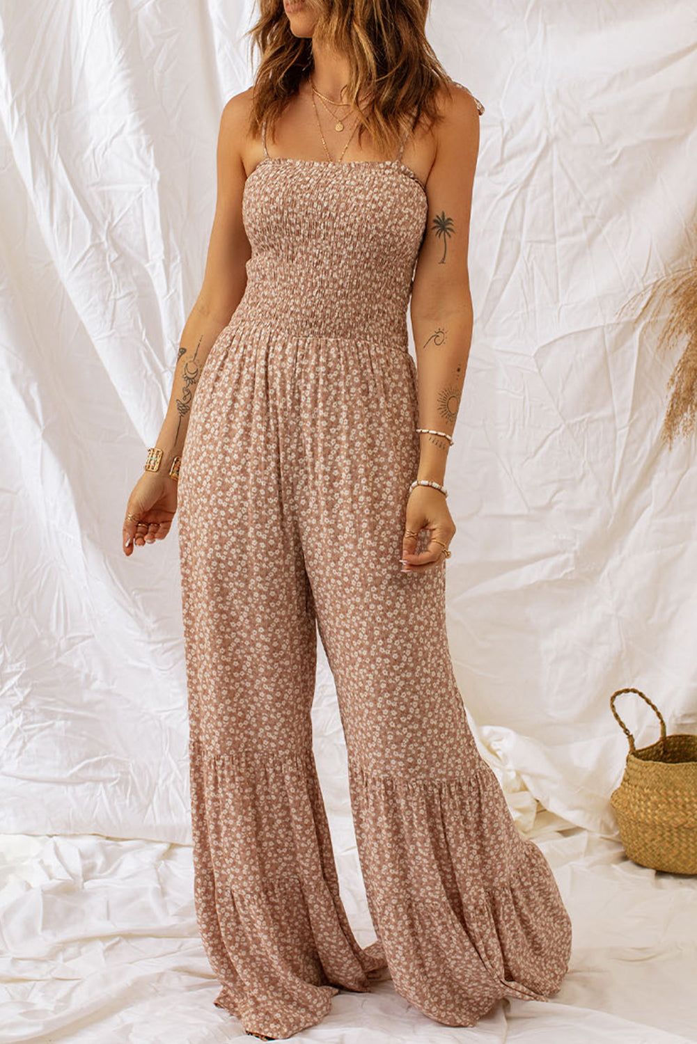 Khaki Thin Straps Smocked Bodice Wide Leg Floral Jumpsuit - LA Grand