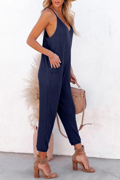 Blue Textured Sleeveless V-Neck Pocketed Casual Jumpsuit - LA Grand