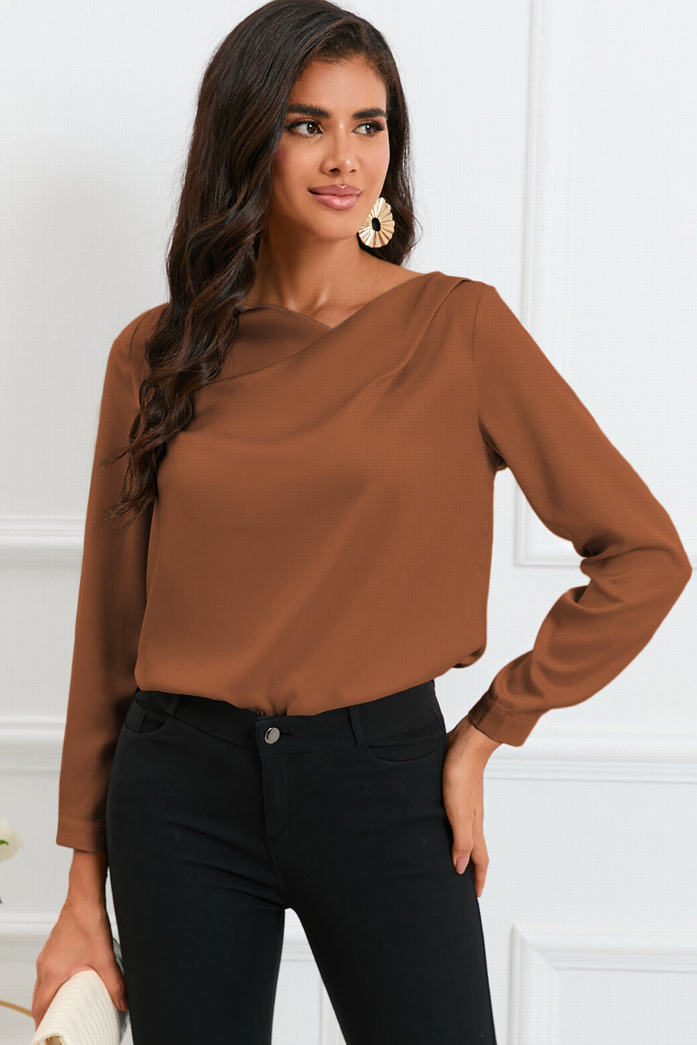 Apricot Solid Asymmetric V Neck Long Sleeve Satin Blouse - LA Grand