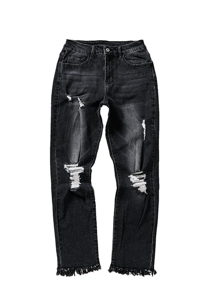 Blue Distressed Raw Hem Button Mid Waist Jeans - LA Grand