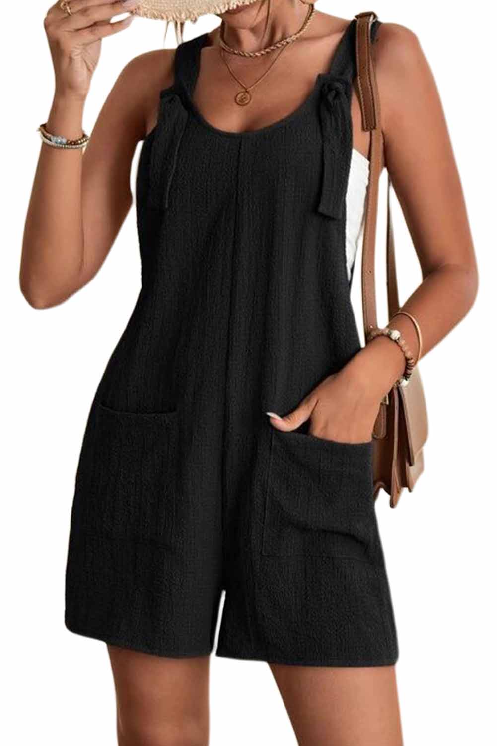 Fiery Red Adjustable Straps Pocketed Textured Romper - LA Grand