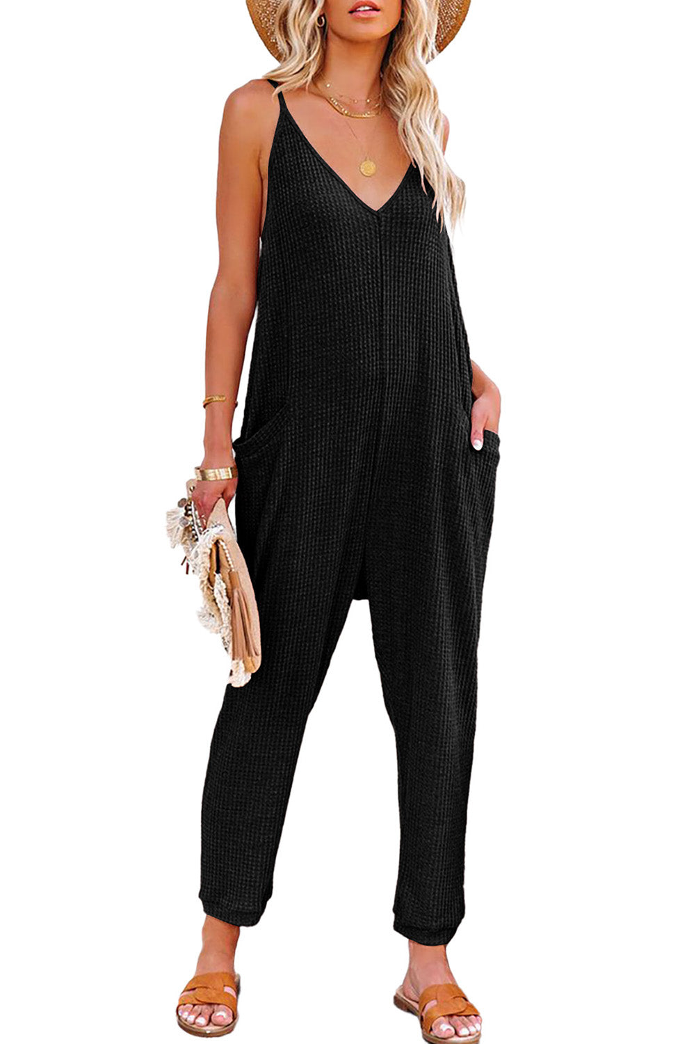 Blue Textured Sleeveless V-Neck Pocketed Casual Jumpsuit - LA Grand