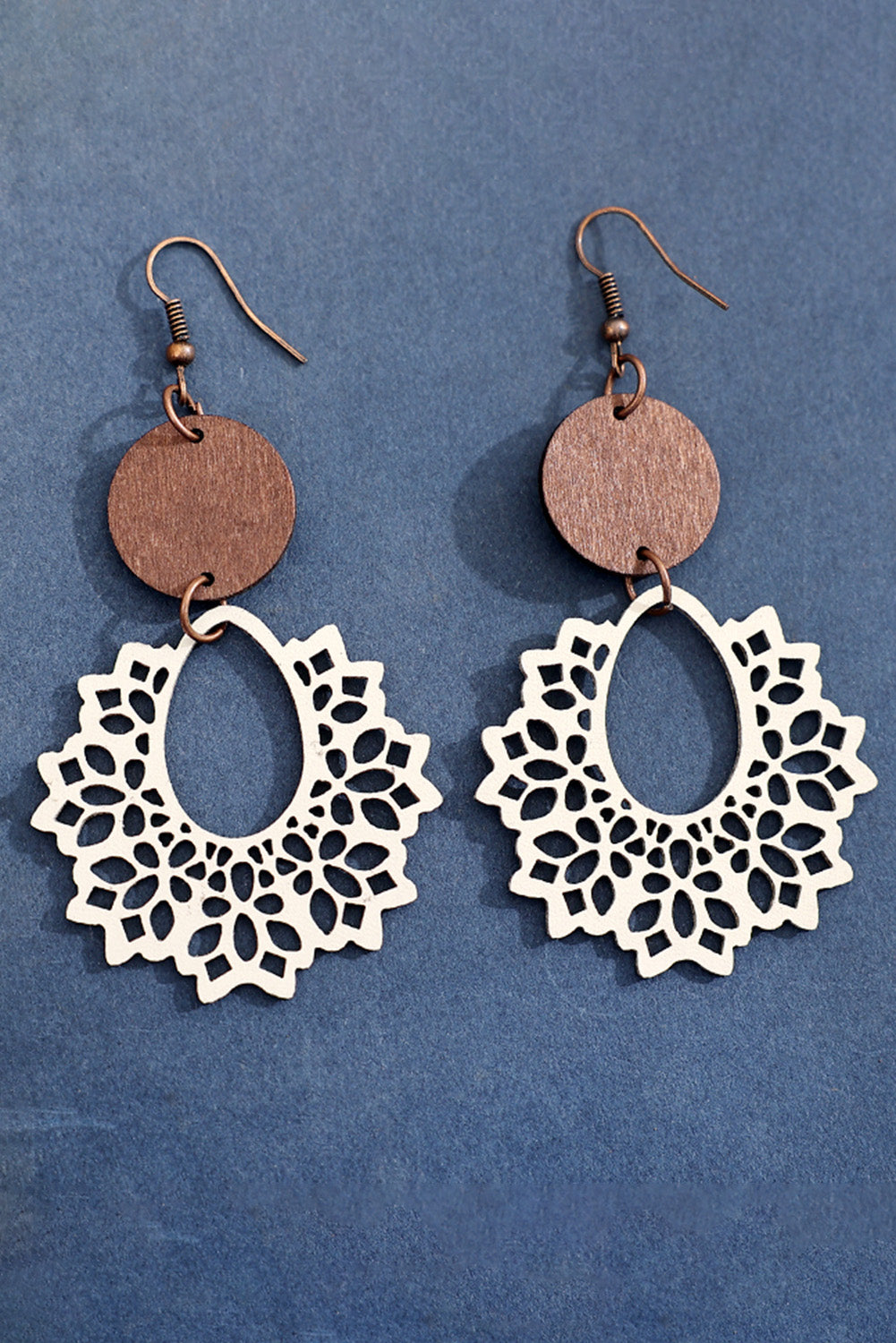 White Hollowed Flower Round Wood Pendant Earrings - LA Grand