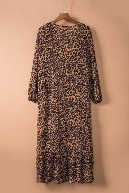 Leopard Print Tie Waist Open Front Kimono Beach Cover Up - LA Grand