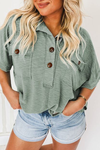 Moonlight Jade Chest Pockets Half Buttoned Collared Blouse - LA Grand