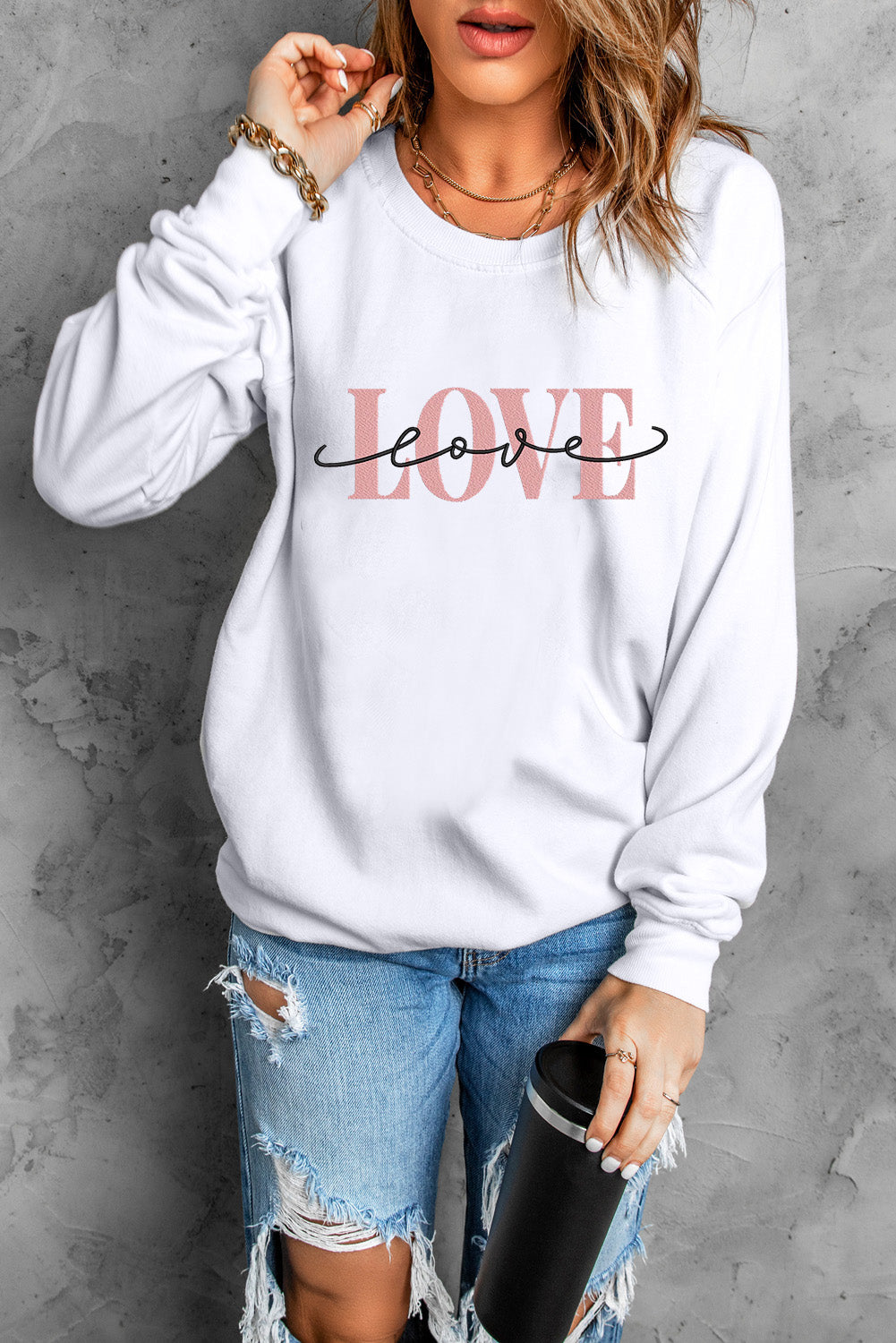 White LOVE Embroidered Crew Neck Drop Shoulder Sweatshirt - LA Grand