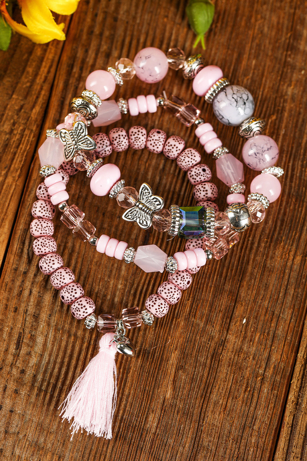 Light Pink Butterfly Beaded Tassel Multi-layered Bracelet - LA Grand