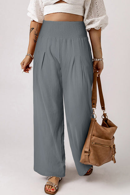 Sky Blue Smocked Wide Waistband High Waist Wide Leg Pants - LA Grand