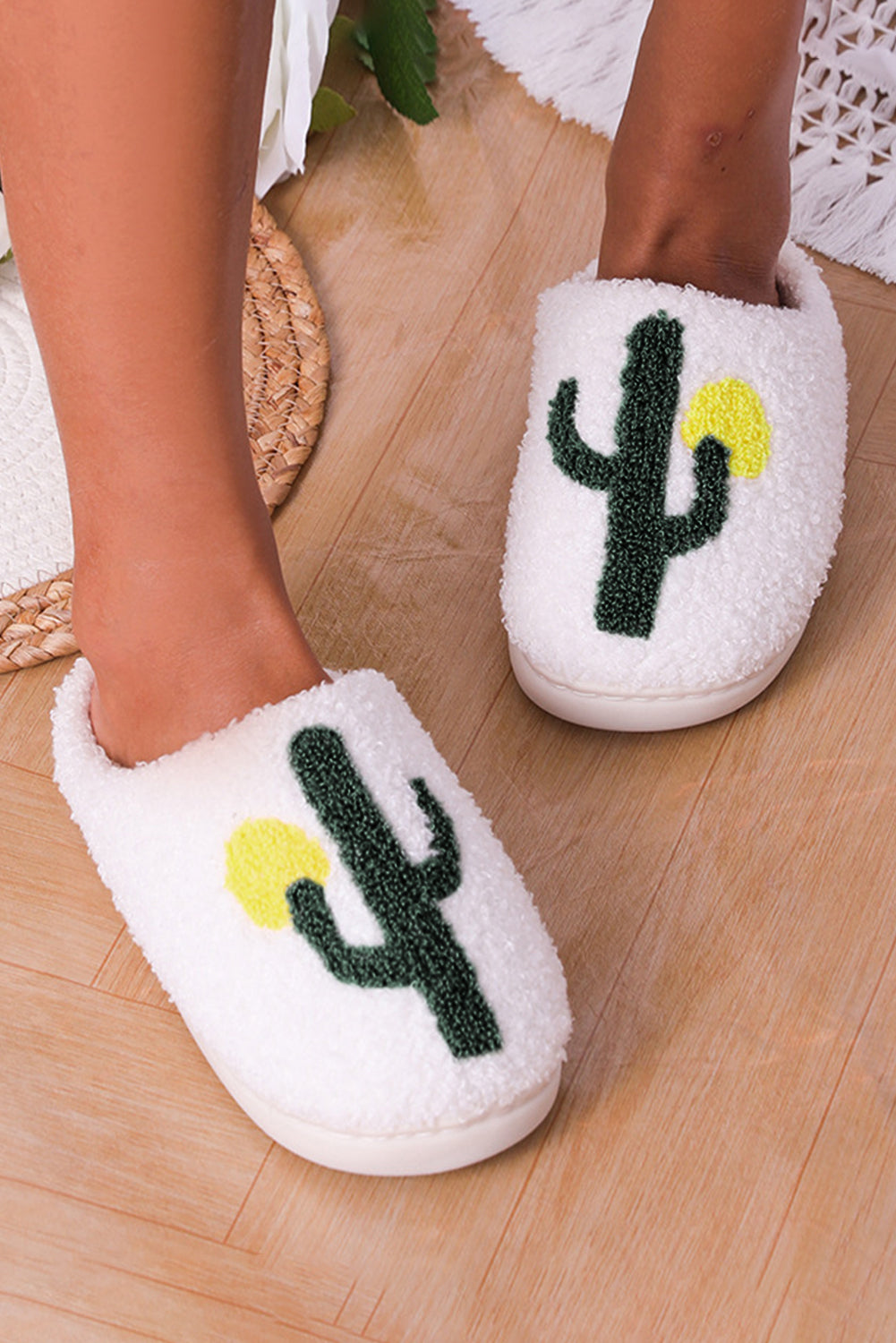 White Fuzzy Cactus Pattern Winter Home Slippers - LA Grand