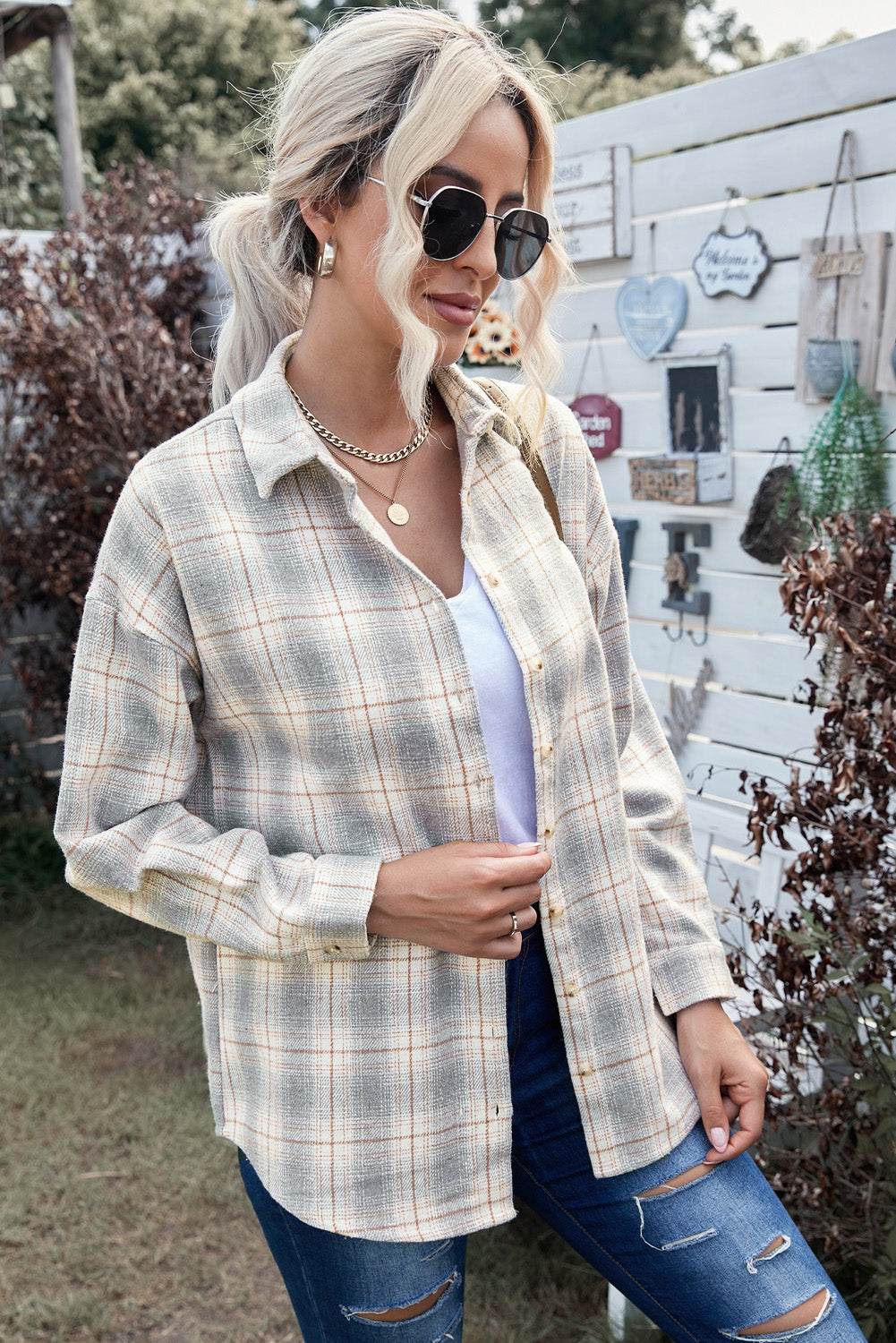 Buttoned Turn Down Collar Plaid Shirt - LA Grand