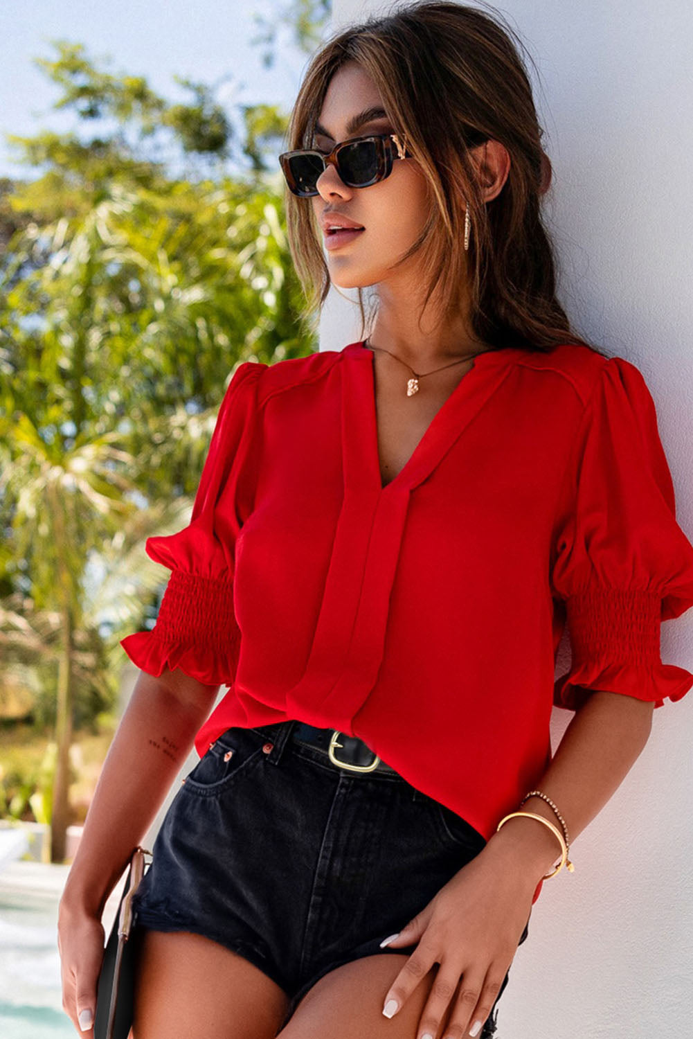 Fiery Red Solid Color Half Sleeve V Neck Blouse - LA Grand