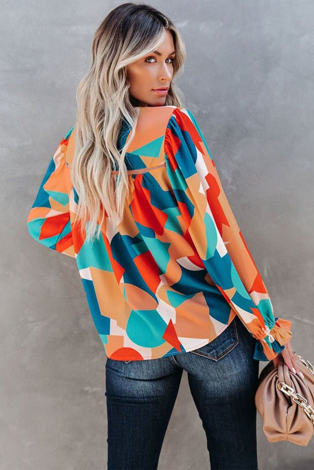 Abstract Pattern Crewneck Ruffled Puff Sleeve Blouse - LA Grand