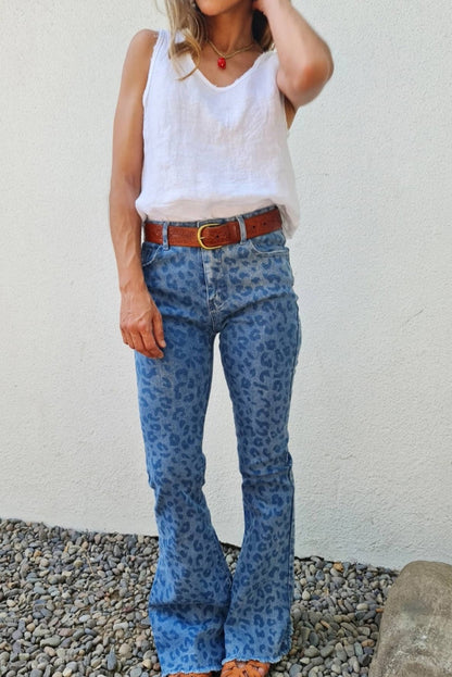 Sky Blue Leopard Print Raw Hem High Waist Flare Jeans - LA Grand