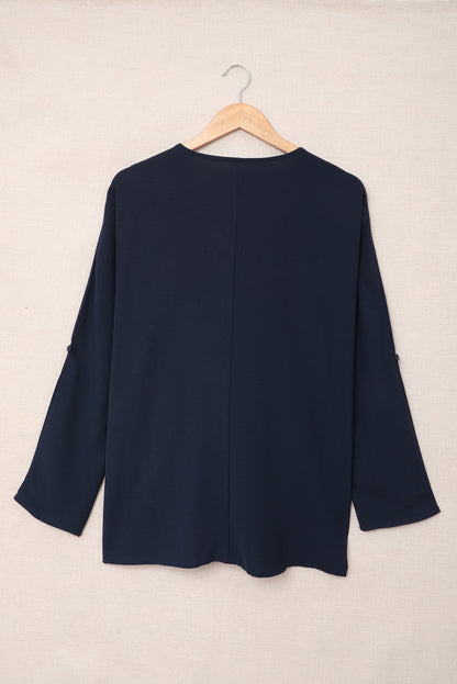 Blue V Neck 3/4 Sleeve High Low Hem Shirt - LA Grand