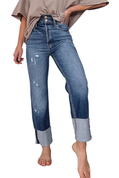 Blue High Waist Distressed Straight Leg Jeans - LA Grand