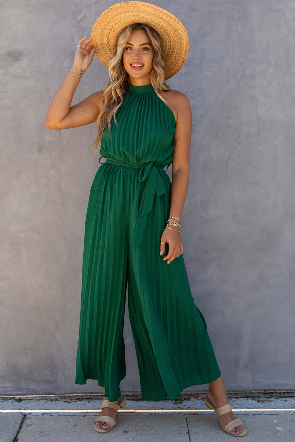 Black Halter Neck Pleated Wide Leg Jumpsuit with Belt - LA Grand