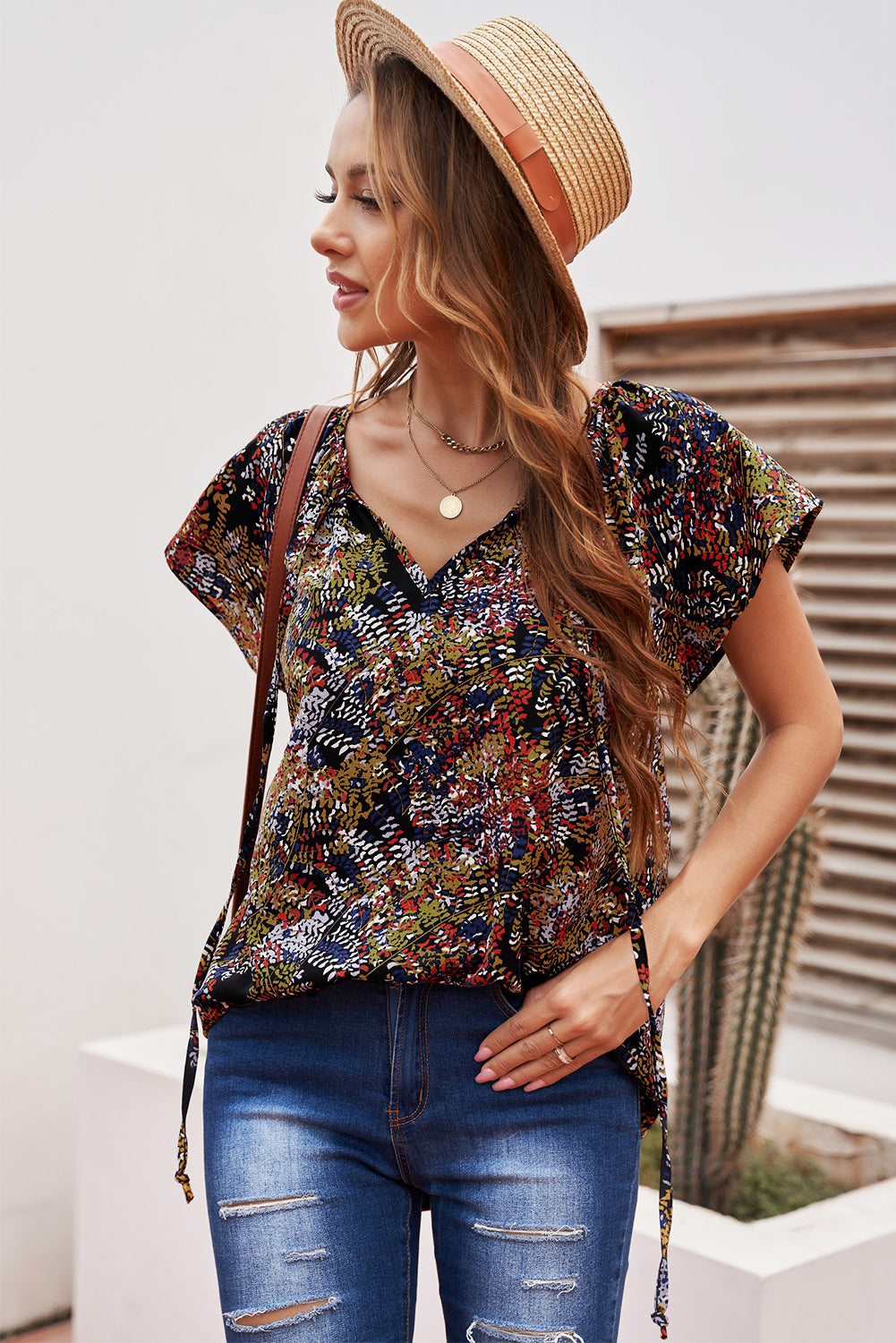 Multicolor V-neck Short Sleeve Fashion Print Fantasy Fluttering Blouse - LA Grand