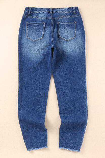 Blue Raw Hem Ankle-length Skinny Jeans - LA Grand