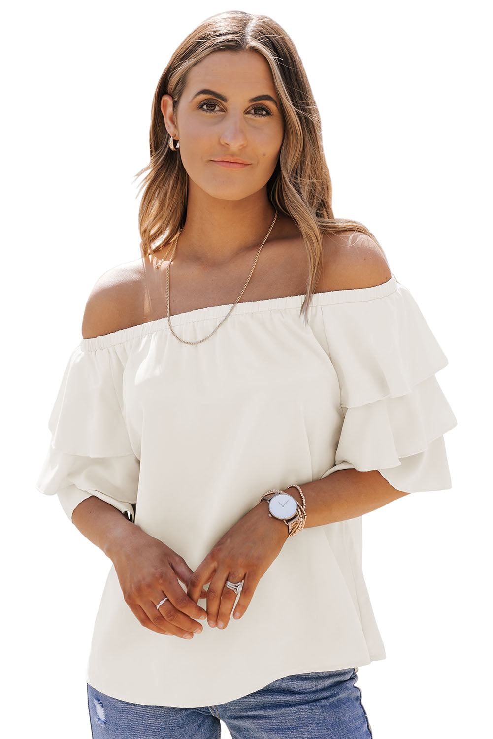 Apricot Tiered Ruffled Half Sleeve Off Shoulder Blouse - LA Grand