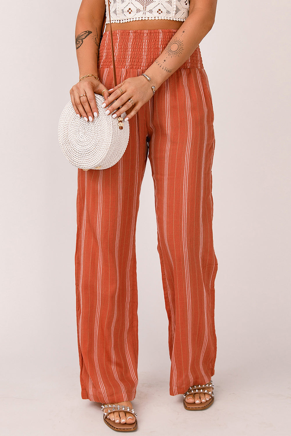 Orange Striped Shirred High Waist Straight Leg Pants - LA Grand