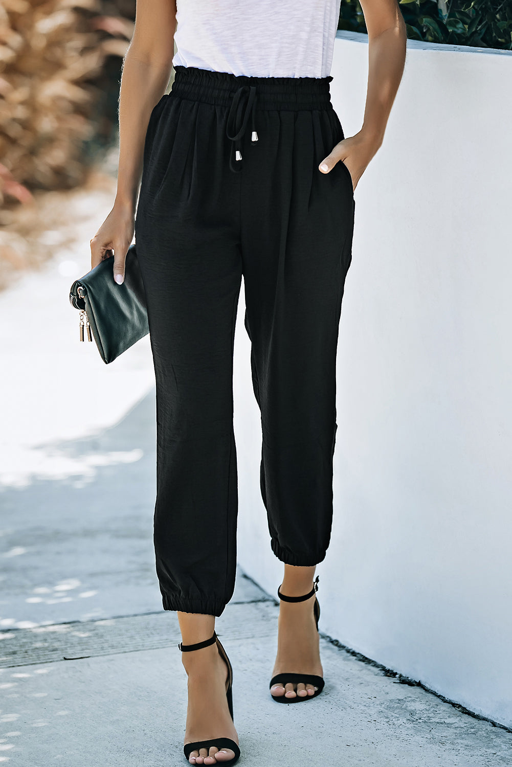 Black Solid Color Drawstring Smocked Waist Joggers - LA Grand