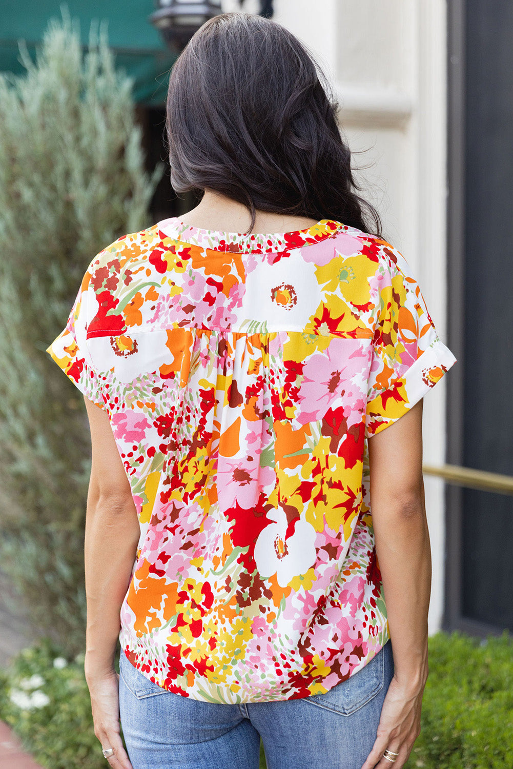 White Boho Floral Print V Neck Short Sleeves Top - LA Grand