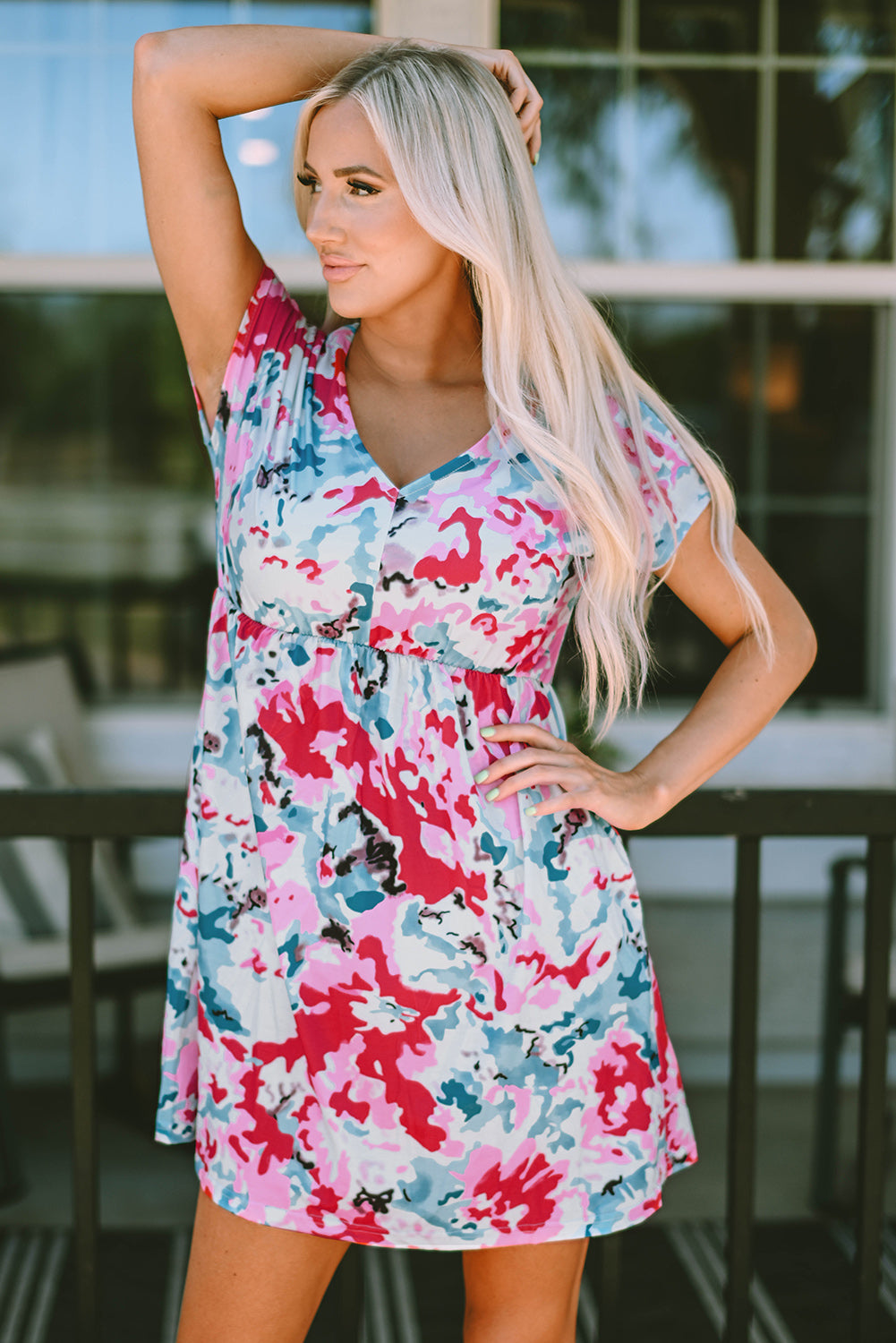 Fiery Red V Neck Short Sleeve Floral Dress - LA Grand