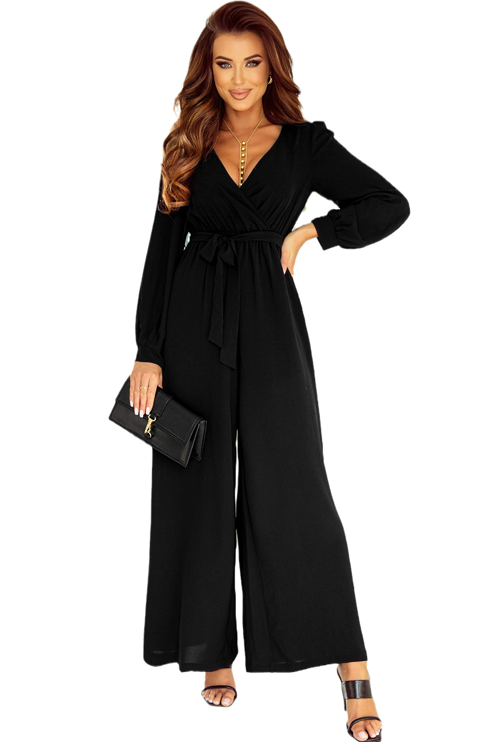 Black Cutout Back Belted V Neck Wide Leg Jumpsuit - LA Grand