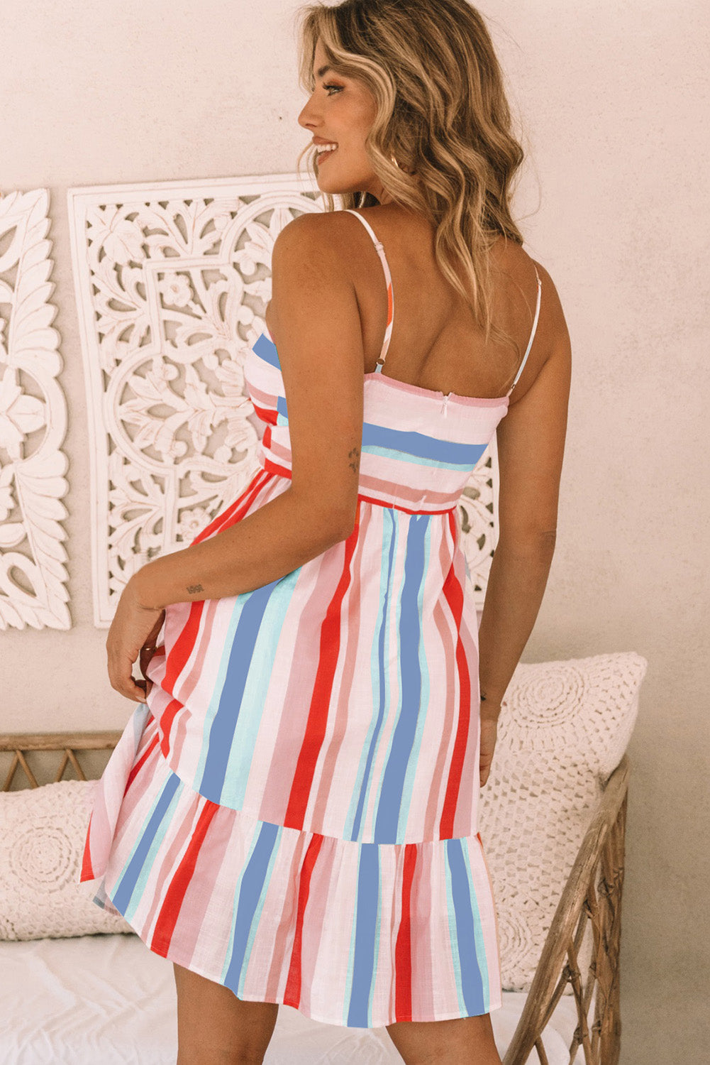 Multicolor Striped Print Knotted Cutout Sleeveless Dress - LA Grand