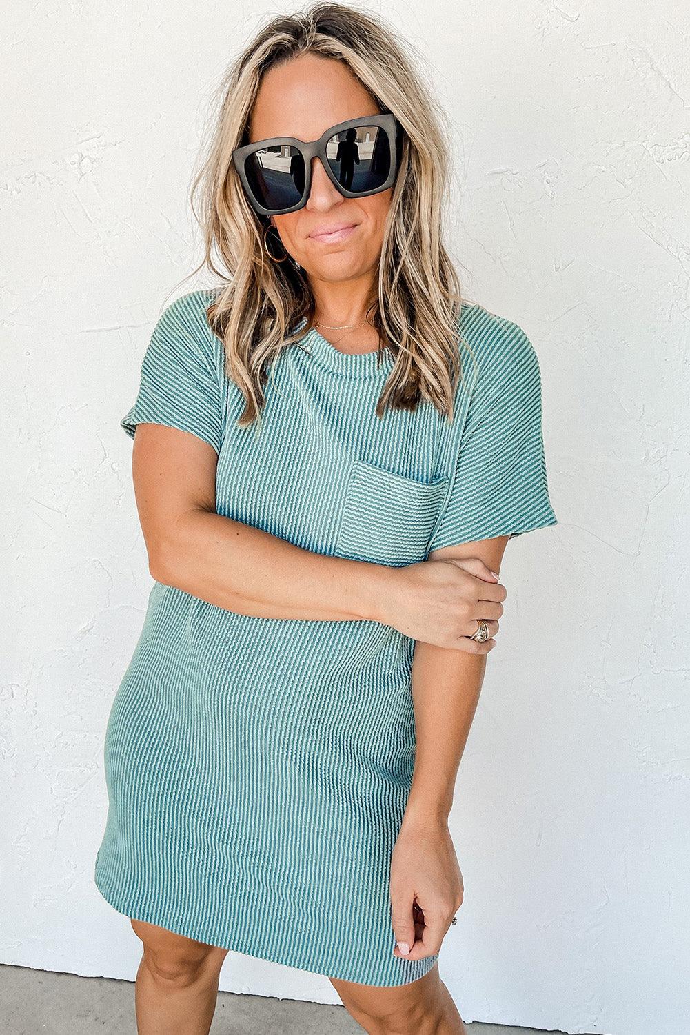 Azure Stripes Ribbed Knit Tee Dress - LA Grand