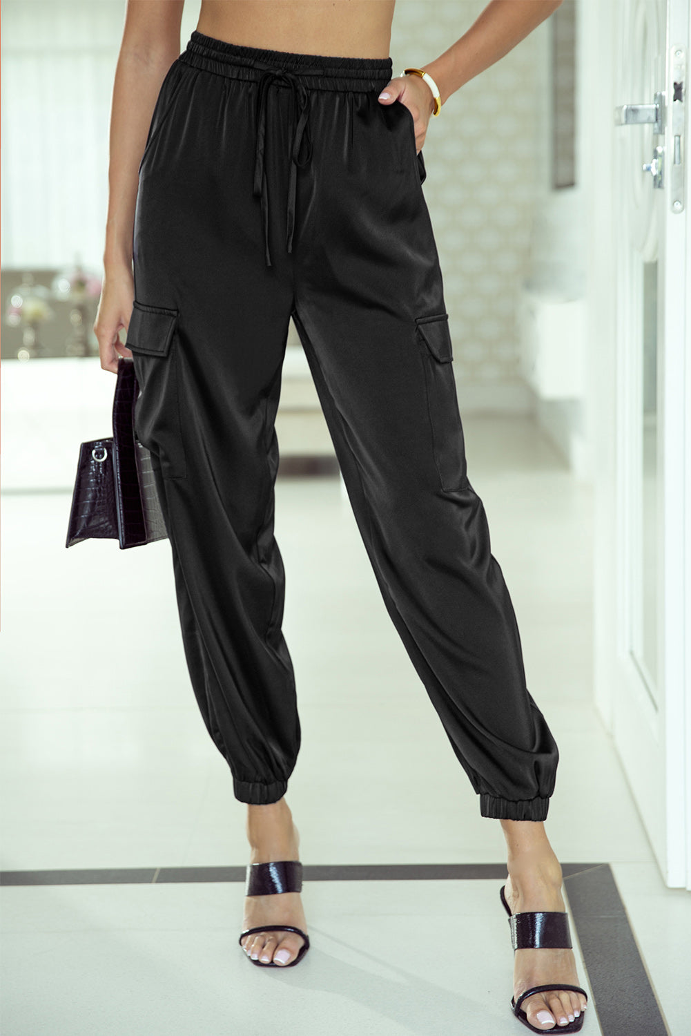 Rose Satin Pocketed Drawstring Elastic Waist Pants - LA Grand