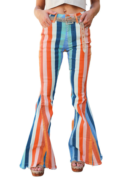 2024 Multicolor Striped Raw Hem Flared Bottom Denim Pants - LA Grand