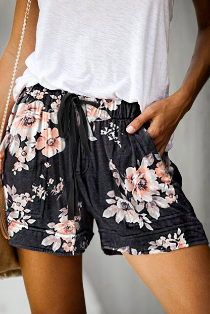 Green Leaves Print Drawstring Casual Elastic Waist Pocketed Shorts - LA Grand